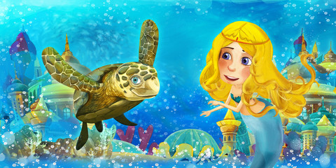 Naklejka na ściany i meble Cartoon ocean and the mermaid princess in underwater kingdom swimming and having fun with fishes - illustration for children
