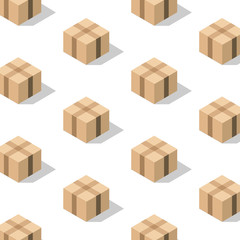 Fototapeta premium Pattern of packages at an angle on a white background with a flat sunny shadow. Mockup miniature closed cardboard box. Minimal isometric style template. 3D render.