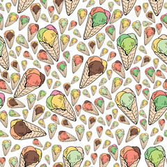 Seamless background of multicolored ice cream cones. Endless pattern with colorful ice cream for your design.