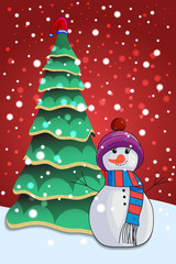 Snowman and Christmas tree on a red background and falling snow