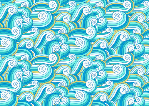 Sea wave seamless pattern. Waves vector background. Ocean exotic oriental deep blue tides doodle hand drawn ornament.