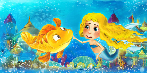 Obraz na płótnie Canvas Cartoon ocean and the mermaid princess in underwater kingdom swimming and having fun with fishes - illustration for children