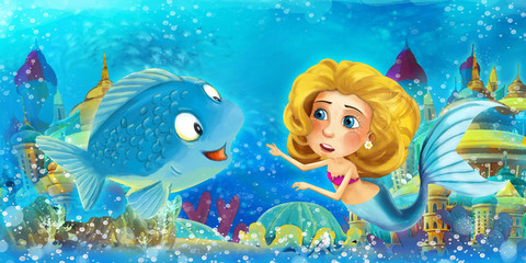 Fototapeta na wymiar Cartoon ocean and the mermaid princess in underwater kingdom swimming and having fun with fishes - illustration for children