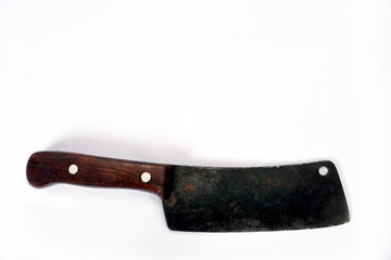used old cleaver with wooden handle on white background