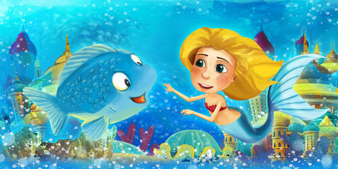 Plakat Cartoon ocean and the mermaid princess in underwater kingdom swimming and having fun with fishes - illustration for children