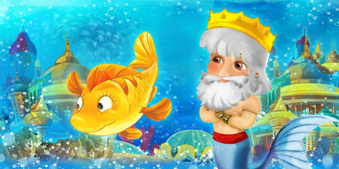 Naklejka premium Cartoon ocean and the mermaid king in underwater kingdom swimming and having fun with fishes - illustration for children