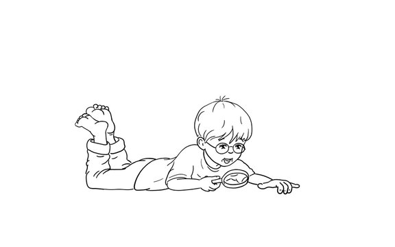 kleiner Junge mit Brille liegt am Boden und betrachtet etwas gespannt durch eine Lupe in der Hand. Beine angewinkelt barfuß. Niedlich, Zeichnung, Design, Illustration, Kinderbuch