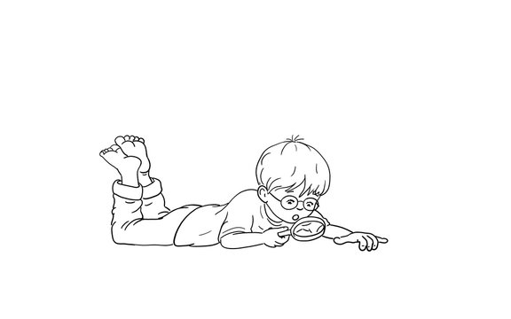 kleiner Junge mit Brille liegt am Boden und betrachtet etwas gespannt durch eine Lupe in der Hand. Beine angewinkelt barfuß. Niedlich, Zeichnung, Design, Illustration, Kinderbuch