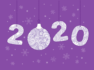 Fototapeta na wymiar hand drawn patterned number 2020 with christmas ball on violet