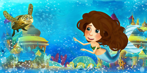 Obraz na płótnie Canvas Cartoon ocean and the mermaid in underwater kingdom swimming and having fun - illustration for children