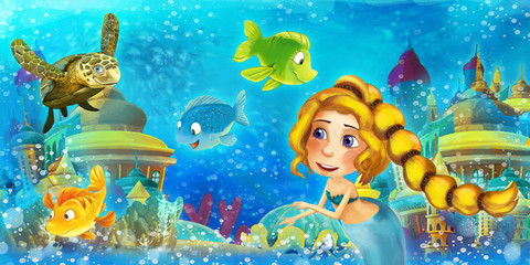 Obraz na płótnie Canvas Cartoon ocean and the mermaid in underwater kingdom swimming and having fun with fishes - illustration for children