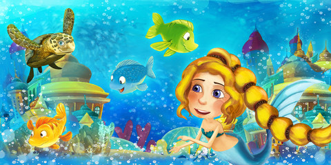Obraz na płótnie Canvas Cartoon ocean and the mermaid in underwater kingdom swimming and having fun with fishes - illustration for children