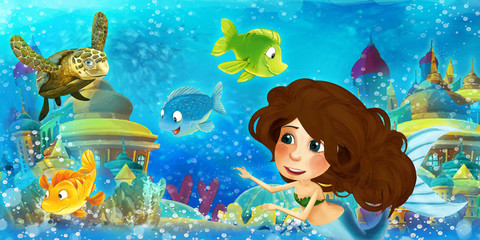 Cartoon ocean and the mermaid in underwater kingdom swimming and having fun with fishes - illustration for children