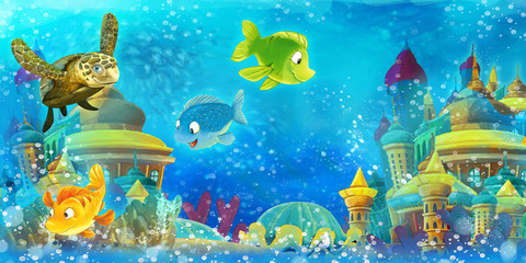 Obraz na płótnie Canvas Cartoon ocean and funny fishes swimming and having fun in underwater kingdom - illustration for children