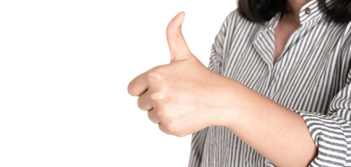 Woman wearing striped shirt show thumb up to make the sign or symbol of agreement or something excellent with isolated background.