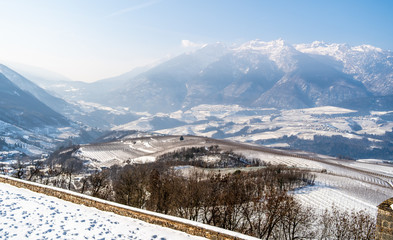 landscape in the mountains of Val di non (Trentino, italy) during winter with a lot of snow