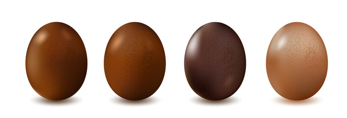 Set of chocolate Easter realistic eggs. Collection of voluminous, dark and milk chocolate eggs with shadow isolated on white background. Surround 3d vector illustration.