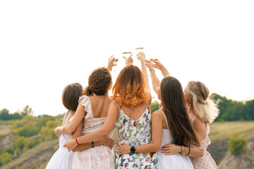Shoot from back. The company of gorgeous  female friends having fun, cheers and drink wine, and...