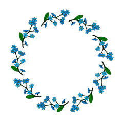 Round frame with  horizontal  blue flowers forget-me-not. Isolated wreath on white background for your design.