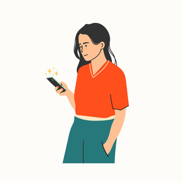 Stylish young woman with smartphone. Cute girl. Texting, studying, browsing internet, social media, blogging. Communication concept. Hand drawn vector illustration. Cartoon style