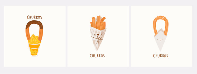 Various types of tasty churros. Traditional spanish food. Fried dough. Tejeringos. Hand drawn colored trendy vector illustration. Cartoon style. Flat design. Pre-made cards