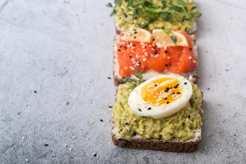 Open sandwiches with avocado, red fish, egg and micro greenery. Light gray background.