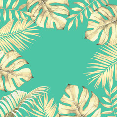 Fototapeta na wymiar Tropical design with watercolor leaves. Card template.