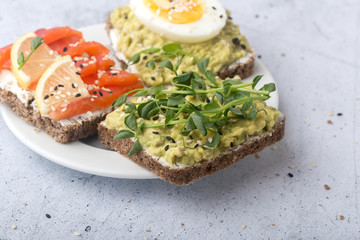 Open sandwiches with avocado, red fish, egg and micro greenery on a white plate. Light gray background.
