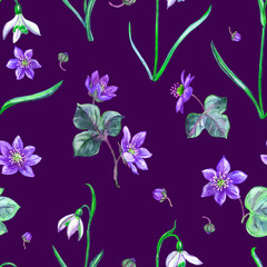 Snowdrops seamless pattern on a purple background, spring floral background.