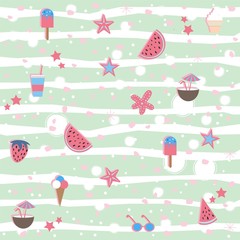 Summer Seamless Pattern. Stylized Summer Elements with shadows. Vector Illustration