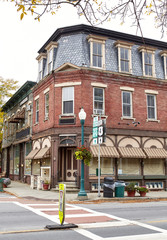 Small shops and restaurants on a cool Fall day in the historic New England town of Woodstock, Vermont