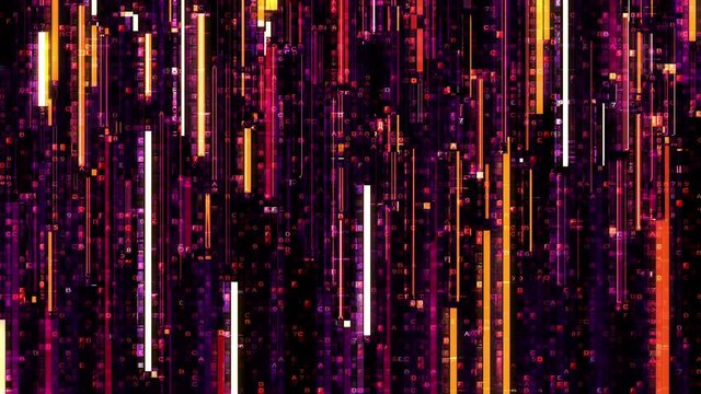 3D animation of seamlessly looping orange purple digital glitch and hex code on black background. Cyber vj pattern in digital matrix wallpaper texture concept as a neon sci-fi effect data flow scheme.