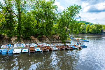 Catamaran rental station. Catamaran walk on the lake