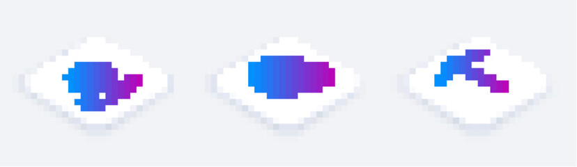 Set Isometric line Hand holding Bitcoin, Globe and cryptocurrency coin Bitcoin and Pickaxe. White square button. Vector