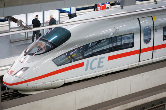ICE train locomotive at trainstatipon platform ( Berlin Hauptbahnhof) - Berlin, Germany - June 2018