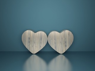 dwa serca tekstura drewna na szarym tle naturalne kolory z odbiciem i cieniami 3d render