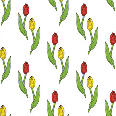 Seamless background of red and yellow tulips. Endless pattern with flowers for your design.