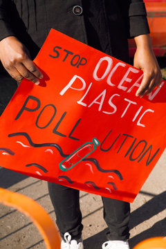 Person with placard Stop ocean plastic pollution