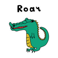 Color vector illustration in doodle style. Dinosaur or crocodile