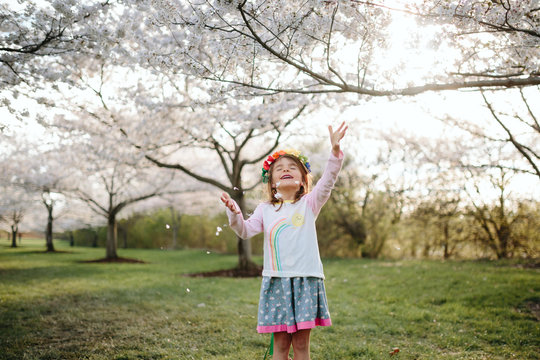 girl stands amongst cherry blossoms