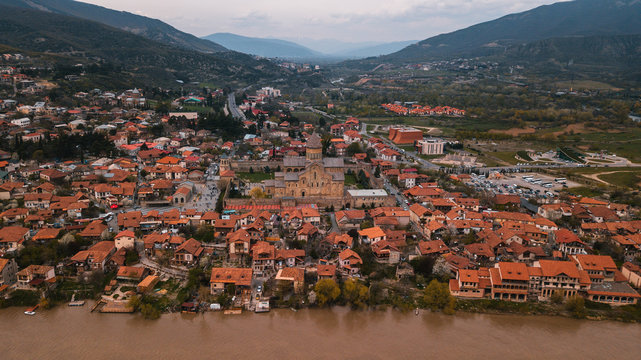 Panoramic Drone View Of a town With Orange tile Roofs