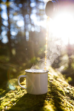 Blank white enamel mug with tea being poured into it on the forest floor