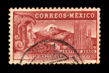 Aztec Eagle Man, giant cactus Saguaro (Carnegiea gigantea) and the volcano Popocatepetl