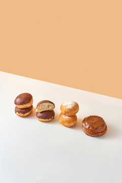 Set of homemade freshly baked buns on a duotone background.