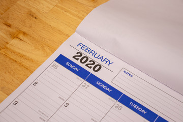 2020 new year concept, calendar with the month of february shown