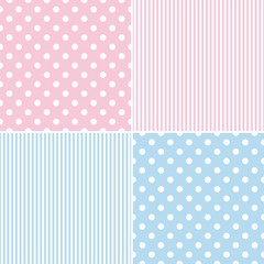 Tile vector pattern set with white polka dots and strips on pink and blue background