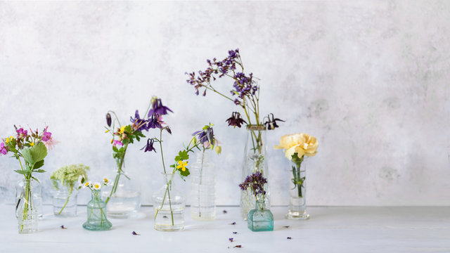 Many glass bottle and vases filled with water and wildflowers against concrete background with copy space