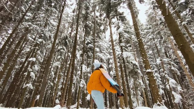 Young woman dressed in bright winter clothes enjoying winter time, spinning in the beautiful snow covered pine forest