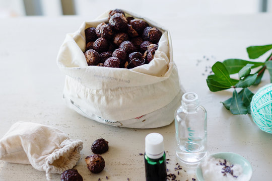 soap nuts in a cloth bag