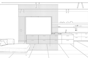 A sketch of an empty living room interior with a sofa and an empty mock up poster on a partition with a view of the kitchen. Front view. 3d render